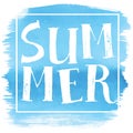 Summer, hand paint vector lettering on on blue watercolor sport background, summer design, banner, typography poster Royalty Free Stock Photo