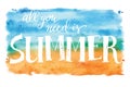 Summer, hand paint vector lettering on on blue watercolor sport background, summer design Royalty Free Stock Photo