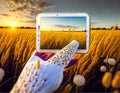 Summer, hand in white, embroidered glove taking a smartphone photo of a golden grain field, AI Generated