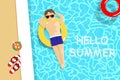 Summer, handsome man have a sunbath top view, swimming pool, vacation seasonal holiday, relax time background vector illustration Royalty Free Stock Photo