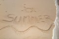 summer handwritten on sand, summer background, sea and sand background