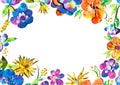 Summer happy colorful watercolor painted paper-cut flowers border frame ornament illustration. A4 A5 A3 international paper slide