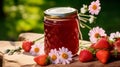 Summer Harvest Delight: Homemade Strawberry Jam Glistening on Wooden Table\