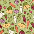 Summer harvest seamless pattern. Cartoon vegetables. Cute faces of characters with flat outline.