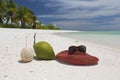 Summer hat and coconuts on tropical sandy beach Royalty Free Stock Photo