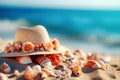 summer hat with seashells, and sand on a blurred beach background. Generative AI