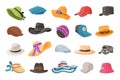 Summer hat set. Cartoon headgears. Hats fashion clothes, man and woman headwear. Summer female straw hat