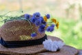 Summer hat, wildflowers and quartz crystals on a forest background