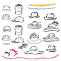 Summer hats, caps outlined template set