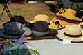 Summer hats for sale in market stall outdoor Royalty Free Stock Photo