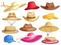 Summer hats. Stylish headgears for male and female, cowboy hat and accessories cartoon vector set