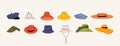 Summer hats. Trendy stylish women men headwear, simple flat garment elements straw hat, vintage hat, cap, panama, modern Royalty Free Stock Photo