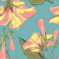 Summer Hawaiian seamless pattern with hibiscus flowers. Bright colors. Royalty Free Stock Photo