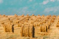 Summer Hay Rolls Straw Field Landscape. Haystack, Hay Roll Royalty Free Stock Photo