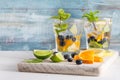 Summer healthy cocktails of citrus infused waters, lemonades or mojitos, with lime lemon orange blueberries and mint, diet detox