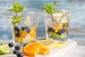 Summer healthy cocktails of citrus infused waters lemonades or mojitos with lime lemon orange blueberries and mint diet detox