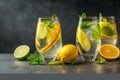 Summer healthy lemonade, cocktails of citrus infused water or mojitos, with lime lemon orange, ice and mint, diet detox beverages