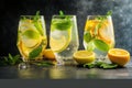 Summer healthy lemonade, cocktails of citrus infused water or mojitos, with lime lemon orange, ice and mint, diet detox beverages