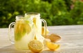 Summer healthy non alcoholic cocktails, citrus infused water drinks, lemonades with lime lemon or orange, diet detox beverages. Royalty Free Stock Photo