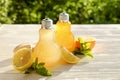 Summer healthy non alcoholic cocktails, citrus infused water drinks, lemonades with lime lemon or orange, diet detox beverages. Royalty Free Stock Photo