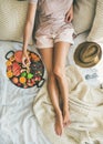 Summer healthy raw vegan clean eating breakfast in bed concept Royalty Free Stock Photo