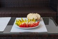 Summer healthy snack served on outdoor porch table