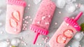 Summer heat: refreshing pink fruit ice with strawberry pieces surrounded by transparent and green ice cubes on a gray table.