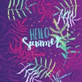 Summer hello poster, banner with tropical leaves. Vector summer illustration.