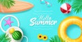 Summer hello text vector design. Summer with floater, beachball and surfboard beach elements.