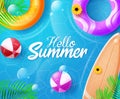 Summer hello text vector design. Summer swimming pool with floaters, beach ball and surfboard Royalty Free Stock Photo