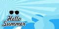 Summer hello vector illustration design, illustration of sun rays, ocean waves and protective eyewear Royalty Free Stock Photo