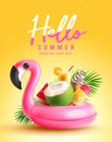 Summer hello vector poster design. Hello summer text with flamingo floater and colorful beach elements.