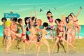 Summer hen-party. Young women in bikini dancing at a disco on th