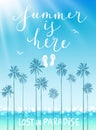 Summer is here poster with handwritten calligraphy.