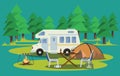 Summer Hiking. Tent, Backpack and Campfire. Vector Illustration