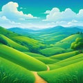 Summer hills green blue sky with flat style cartoon painting