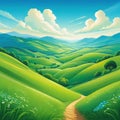 Summer hills green blue sky with flat style cartoon painting