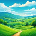 Summer hills green blue sky with flat style cartoon painting