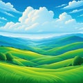 Summer hills green blue sky with flat style cartoon painting