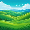 Summer hills green blue sky with flat style cartoon painting