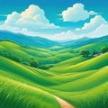 Summer hills green blue sky with flat style cartoon painting