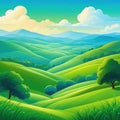 Summer hills green blue sky with flat style cartoon painting