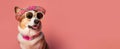 Summer hippie style corgi dog wearing sunglasses and summer hat, over pink background, banner. Royalty Free Stock Photo