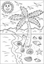 Coconut trees and various shells on the beach Happy Summer Holiday Coloring Page Royalty Free Stock Photo