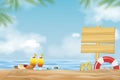 Summer holiday background with blue ocean, could, sky and wooden signboard on beach sand with blurry palm leaf. Vector banner Royalty Free Stock Photo
