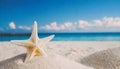 Summer holiday background with white starfish on white sand.