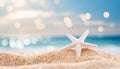 Summer holiday background with white starfish on white sand.