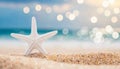 Summer holiday background with white starfish on white sand.