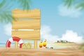 Summer holiday background with wooden signboard on tropical beach with blurry palm leaves on border.Vector banner seaside view on Royalty Free Stock Photo