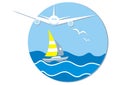 Summer holiday, banner, airplane, sailboat and birds, at background ocean and sky, vector icon Royalty Free Stock Photo